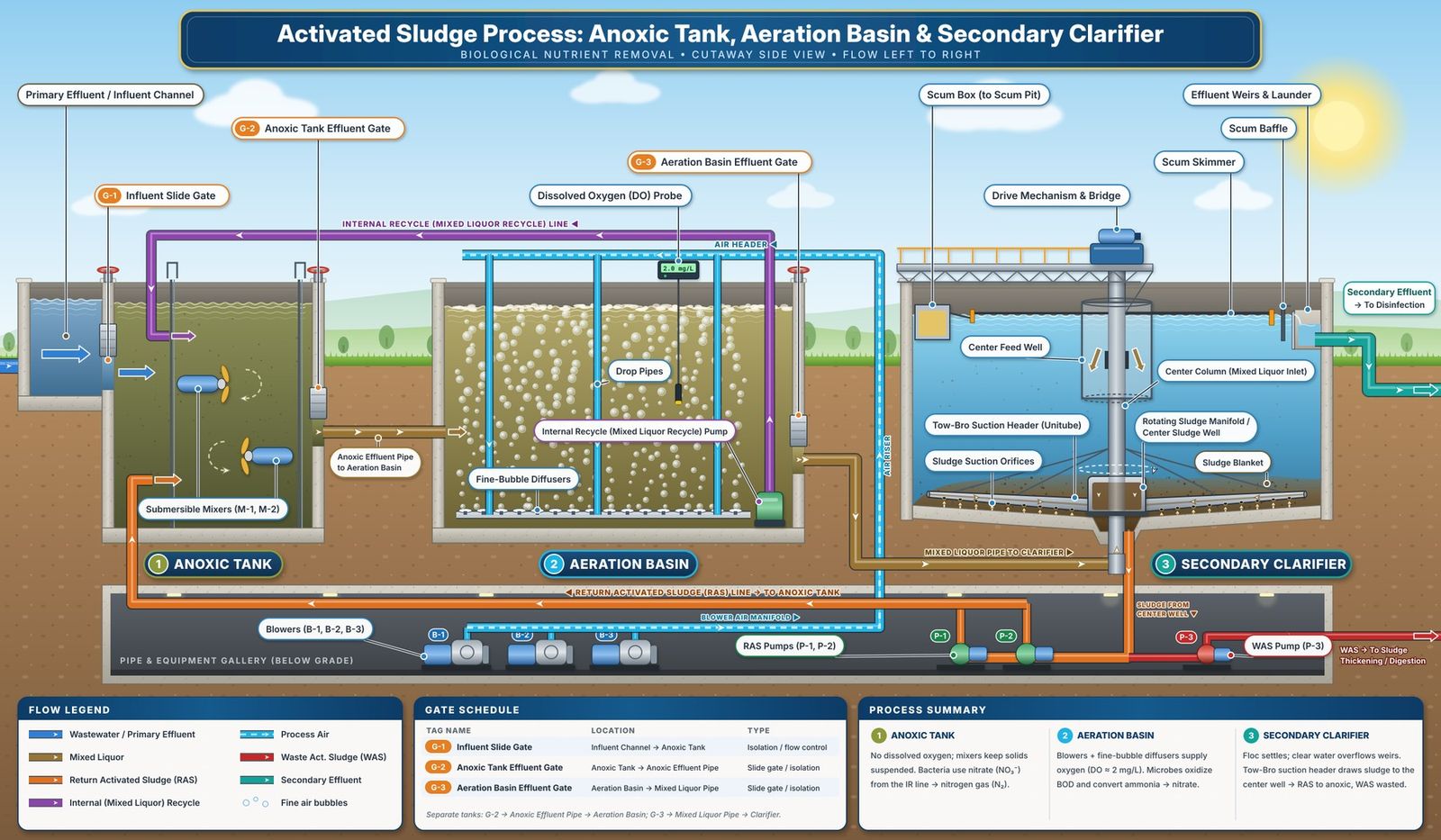 Cutaway side view of the activated sludge process: an anoxic tank with mixers, an aeration basin with fine-bubble diffusers, a secondary clarifier, blowers, and the return and waste sludge lines