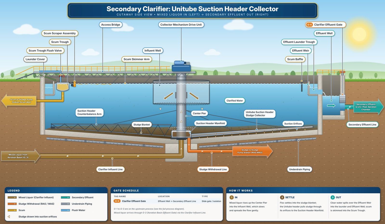 Cutaway side view of a secondary clarifier with a suction header sludge collector